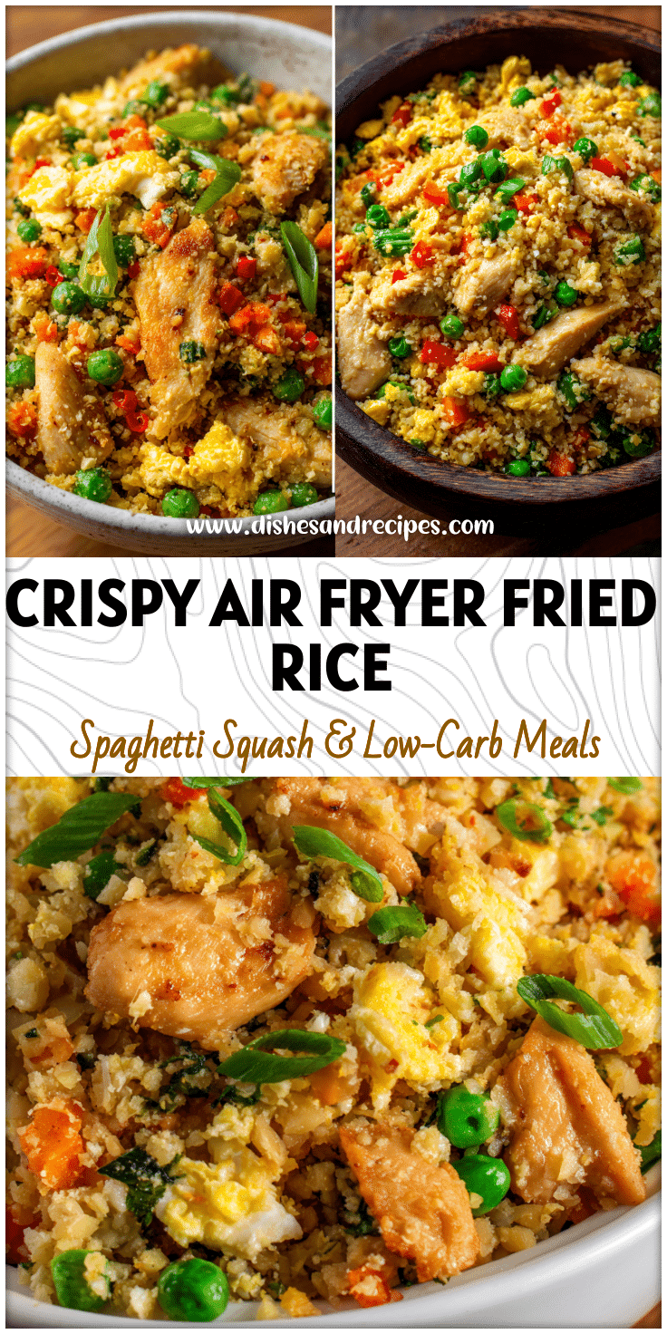 Bowl of Riced Cauliflower Fried Rice with egg and chicken showcasing Flavored Cauliflower Rice in a healthy recipe.